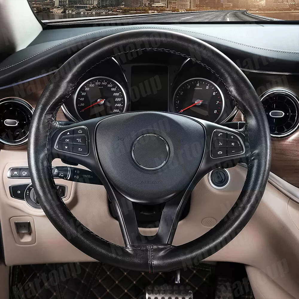 Car DIY Black Genuine Leather Steering Wheel Cover Wrap Sew-on Kit 37-38cm 15