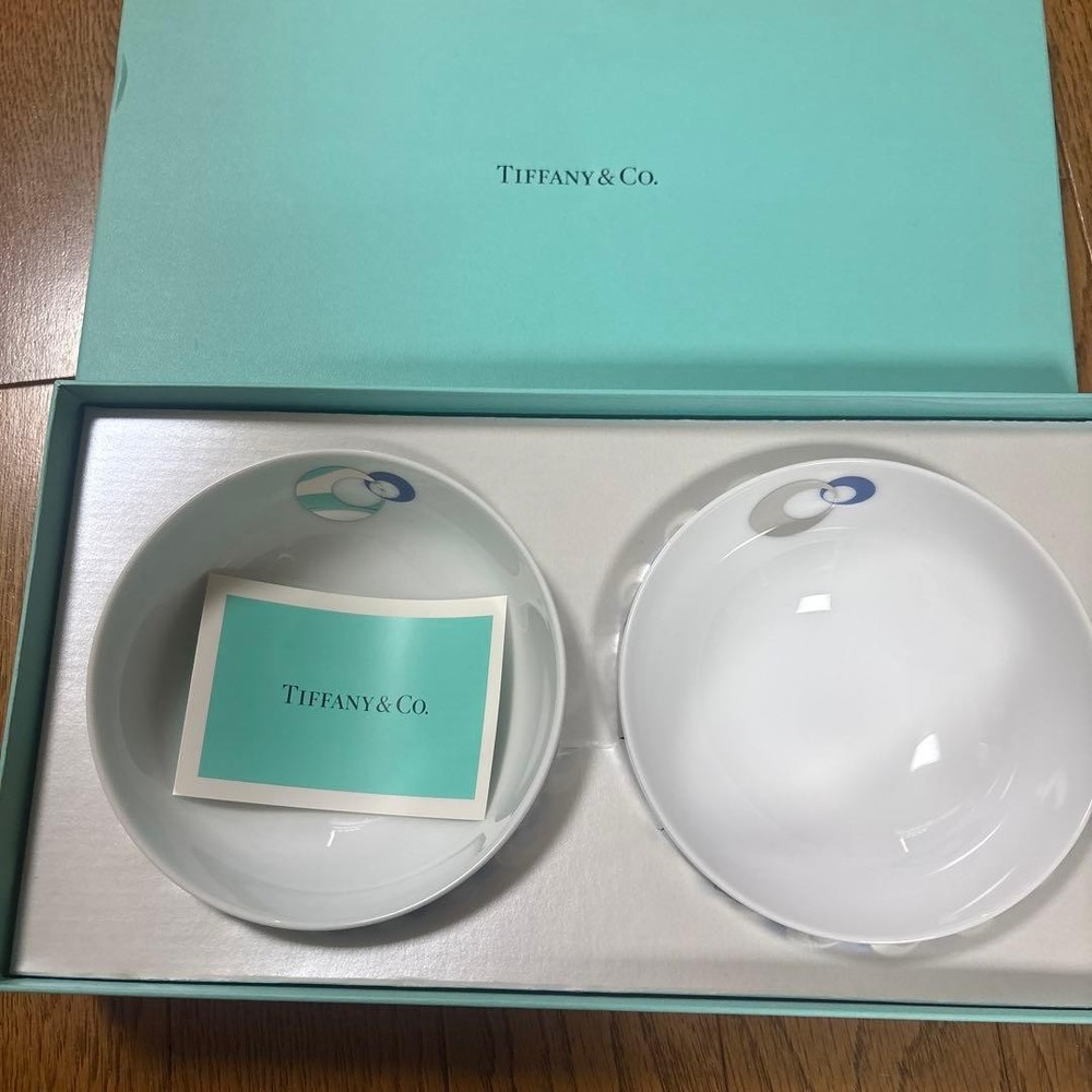 Tiffany & Co. Eternity Ceramic Bowl Set 2 White Blue Collectible New