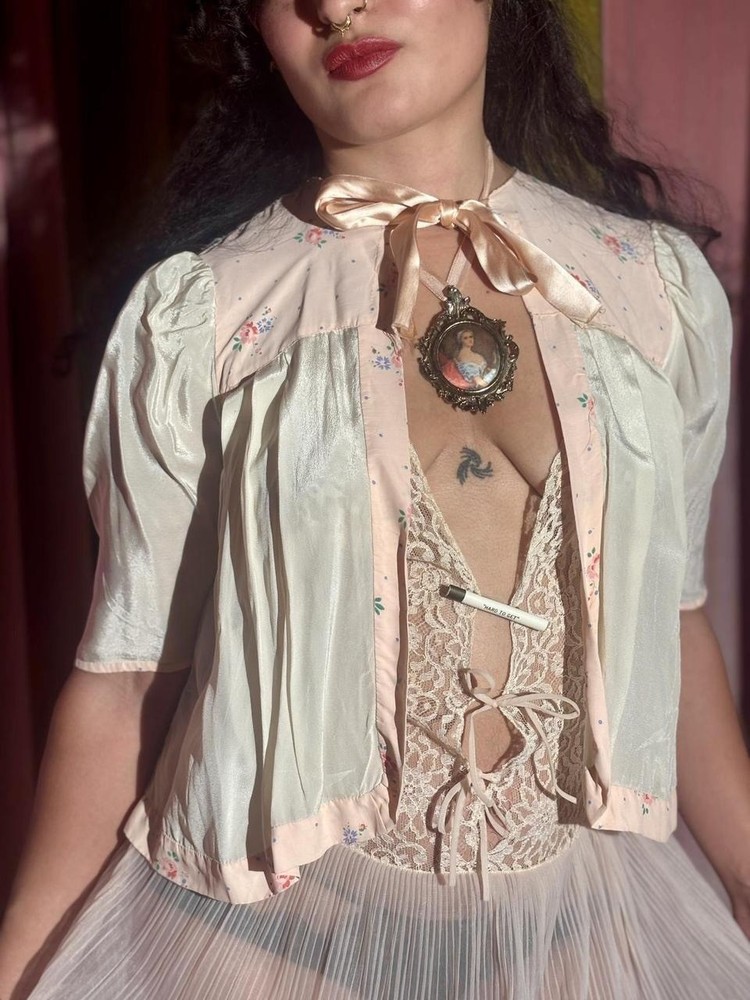 Vintage 1940s Pink Floral & Satin Bed Jacket, Size XS-S