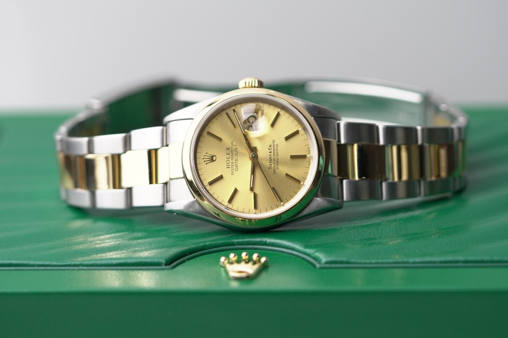1990 Rolex DateJust TwoTone Yellow Gold 36mm Tiffany & Co Champagne Oyster 16203