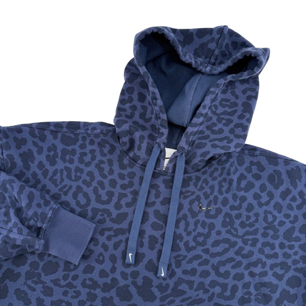 Nike Women's Blue Leopard Print Hoodie Relaxed Fit Cropped Pullover Small