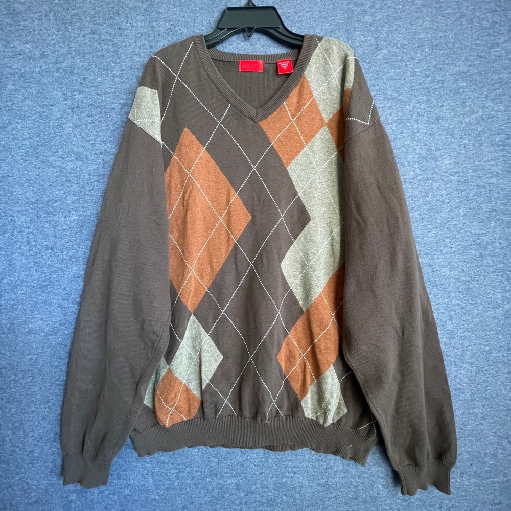 Izod Argyle Men's Large Brown 100% Cotton V-Neck Pullover 100% Cotton Sweater