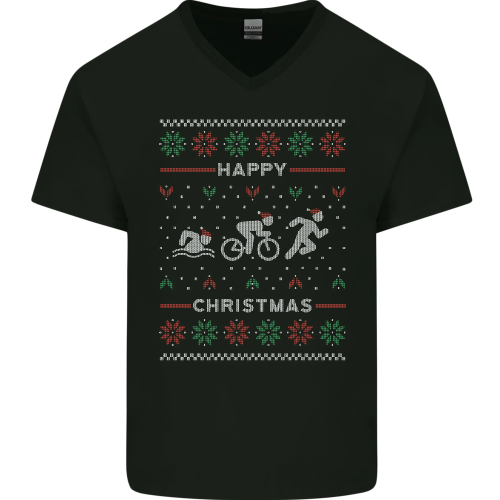 Christmas Triathlon Funny Fitness Gym Mens V-Neck Cotton T-Shirt