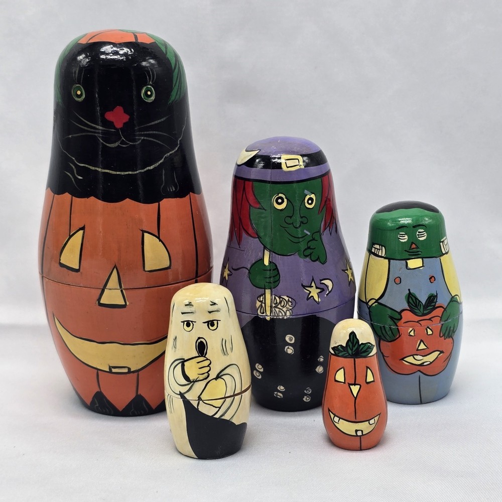 Vintage 1980s Halloween Nesting Dolls 5 Pc. Wooden Hand Painted Ghost Witch Cat