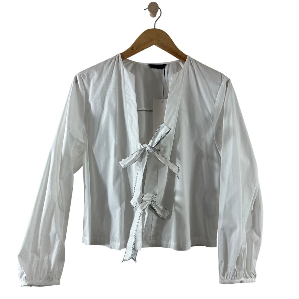 Zara White Cotton Tie Front Blouse Contrast Stitching Poplin Top Longsleeves M