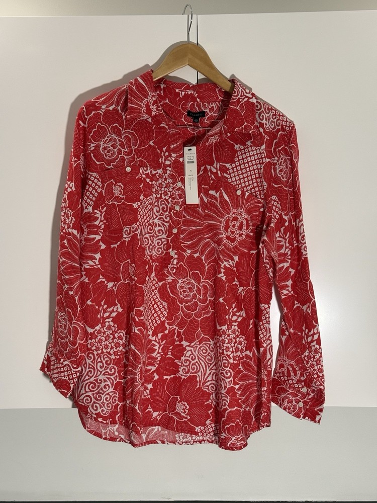 NWT Talbots Women's XL Red White Botanical Floral 100% Linen Popover Tunic Top