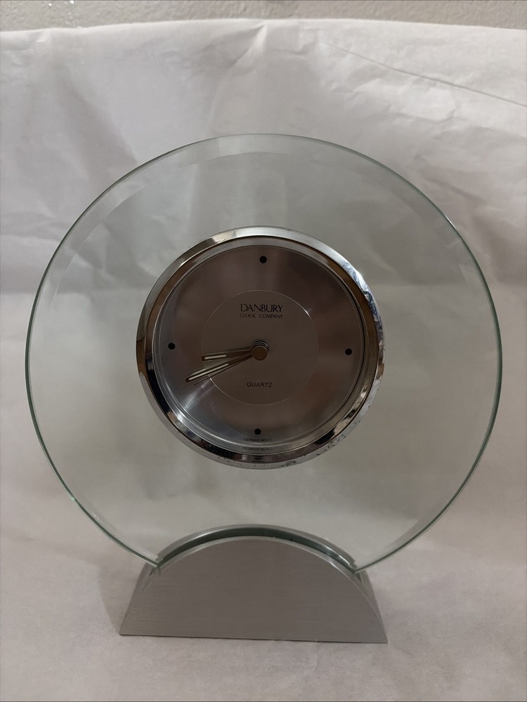 Danbury Clock Co. Quartz Round Glass Desk Clock Silver Tone, Works