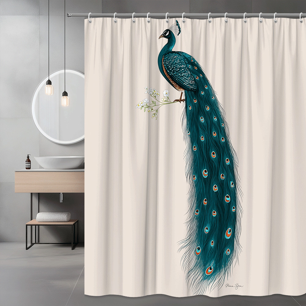 Peacock Shower Curtain Printed Bird Floral Beige