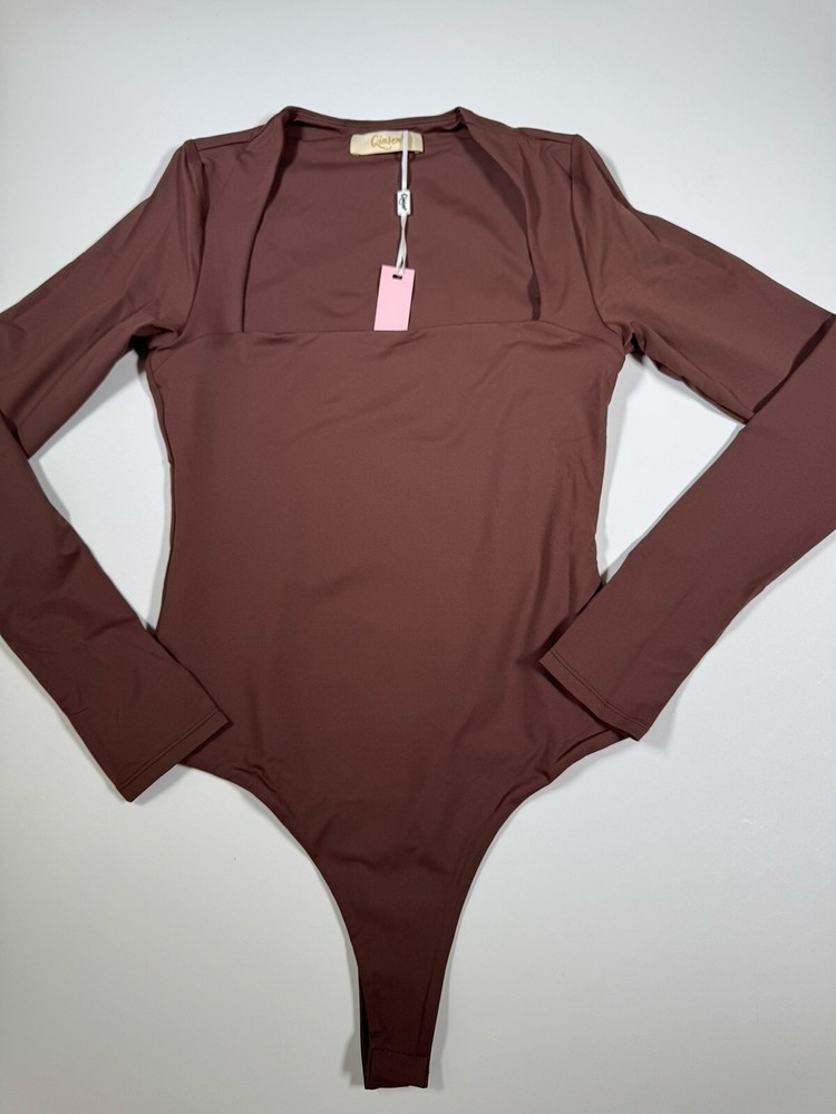QINSEN Women's Sexy Square Neck Bodysuit Long Sleeve Double Lined Bodysuit SZ M