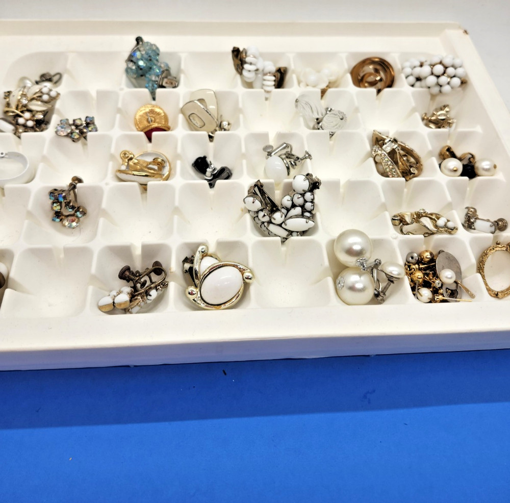 Vintage Lot Of 25 Pair Of Earrings Milk Glass, Screw Back Clip On, rhinestones