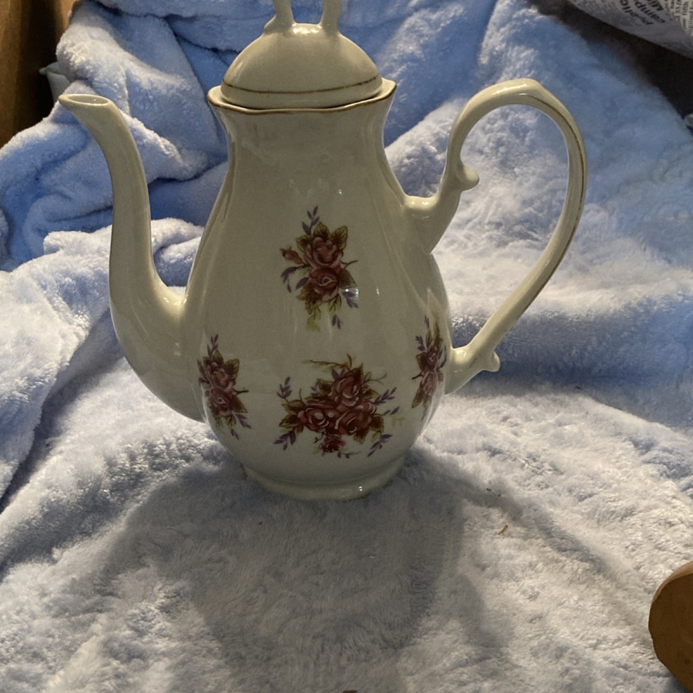 Porcelain Floral Coffee Pot with Lid, White Pink Green, Decorative Glossy Round