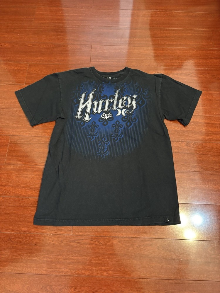 Men’s Y2K Hurley Skater Grunge Short Sleeve Shirt Black Faded Size Large