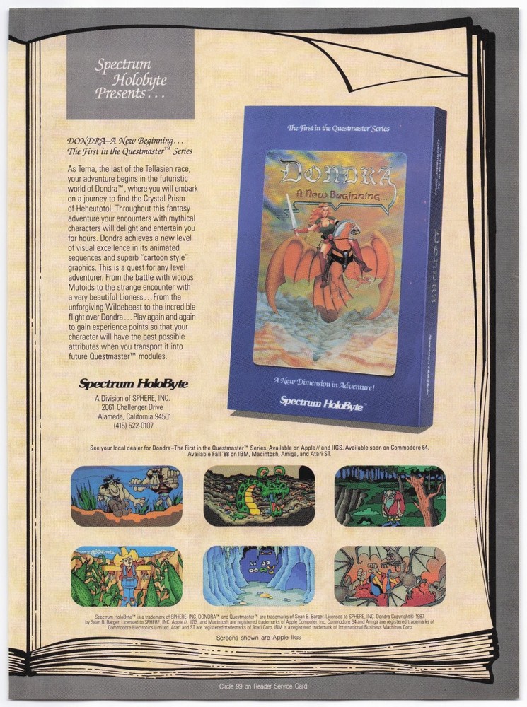 DONDRA Spectrum HoloByte Computer Video Game Ad 1987 Apple II GS Amiga