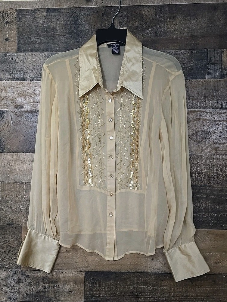 Bob Mackie Studio Womens Button Down Silk Top Size 16 Gold Sheer Beaded Party