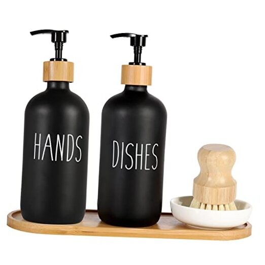 2 Pack Glass Soap Dispenser Set with Tray and Bamboo Dish Style 1 Black & Black