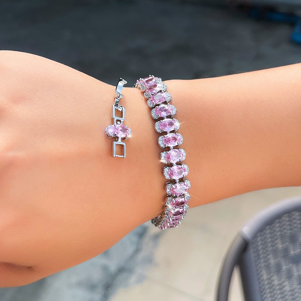 Women Lovely Silver Plated Pink Oval Cubic Zirconia Tennis Bracelet Wedding Gift