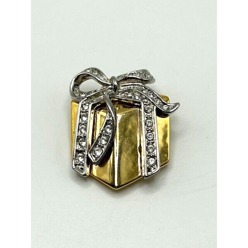 Vintage Christmas Brooch Pin Gift Present Two Tone Gold Silver Crystal Accent-image