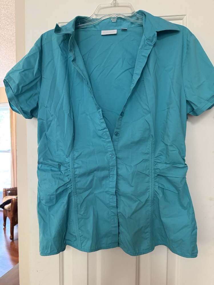 New York & Co Stretch Ruched Button Down Teal/Blue Top Short Sleeve-Size XL