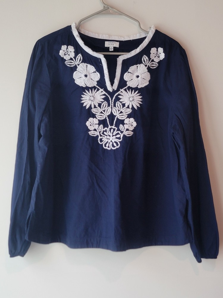 Crown & Ivy Floral Embroidered Cotton Navy Women Blouse Sz XL