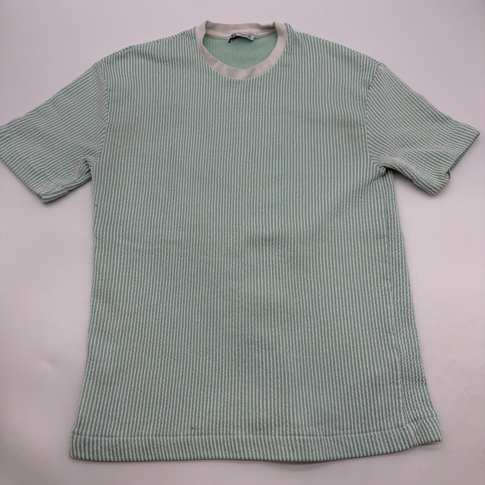 Zara T-shirt Men S Striped Green & White .#46249