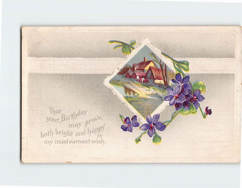 Postcard Birthday Greetings Nature Scene Flower Art Print Embossed Card