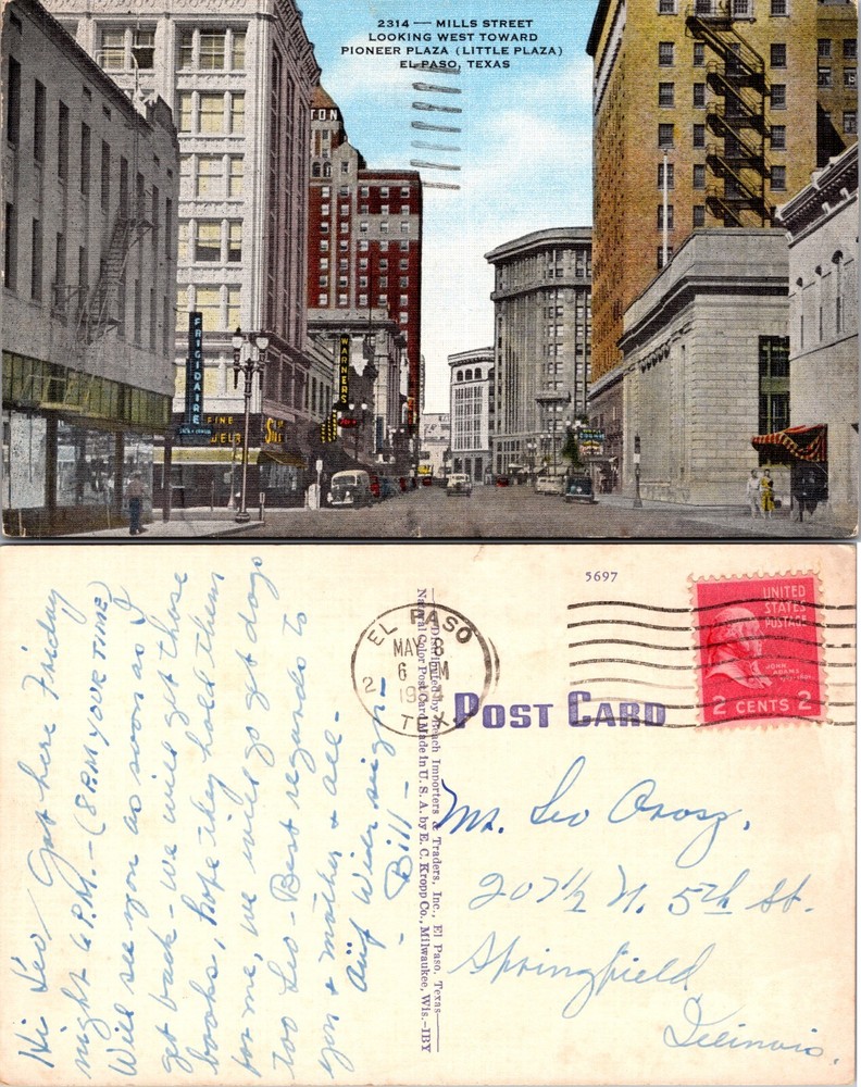 Mills Street and Pioneer Plaza El Paso Texas Postcard