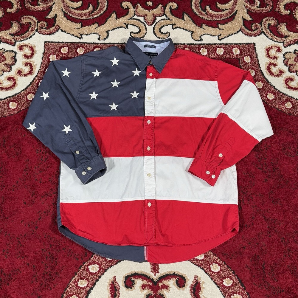 Vintage 90s Tommy Hilfiger American Flag Stars and Stripes Button Shirt Size XL