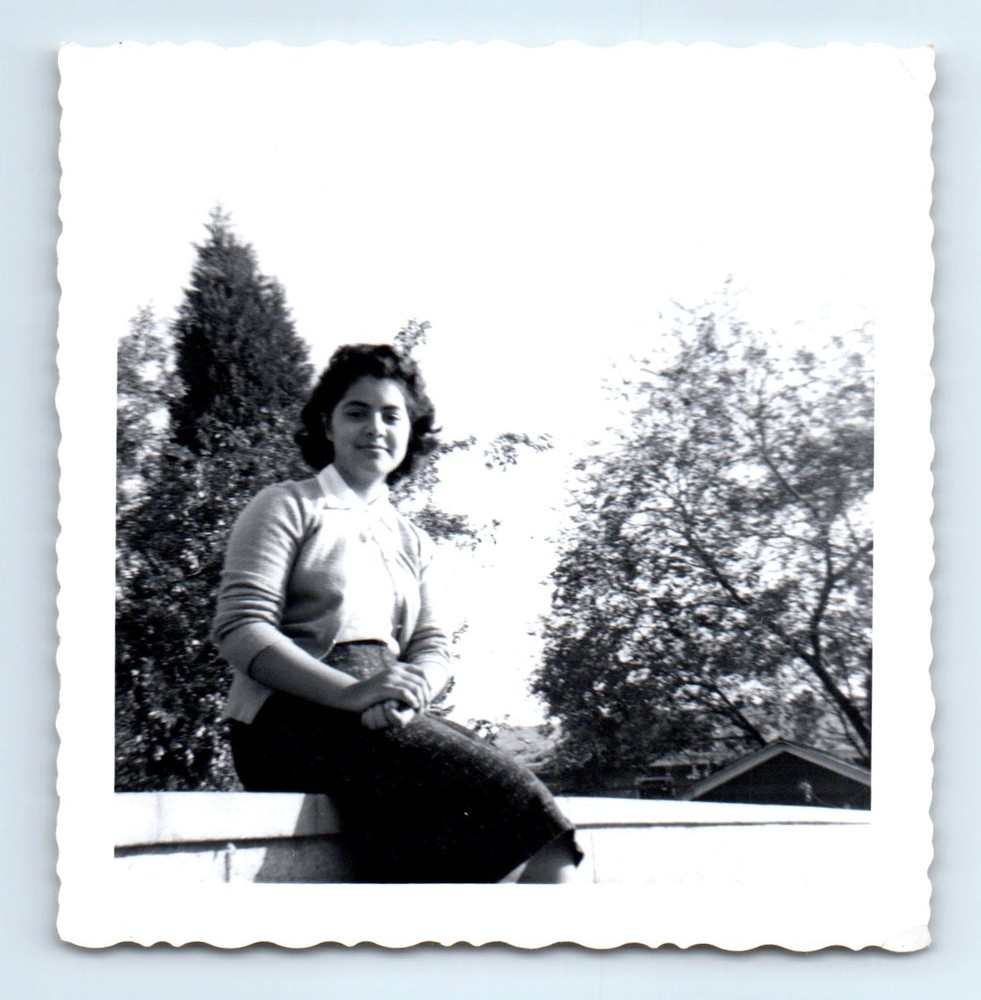Old Vintage Square Photo SOLO WOMAN SITTING OUTSIDE ON WALL SNAPSHOT