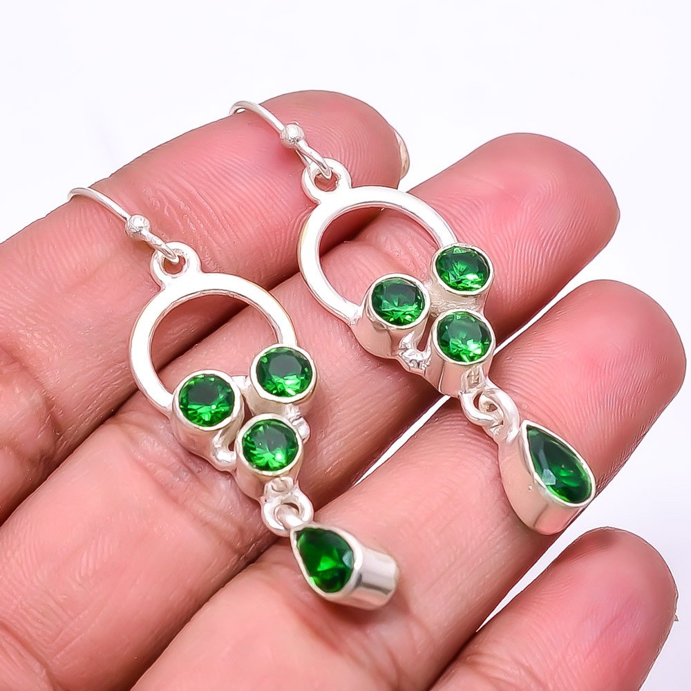 Simulated Emerald 925 Sterling Silver Dangle Earrings 1.95 Inch