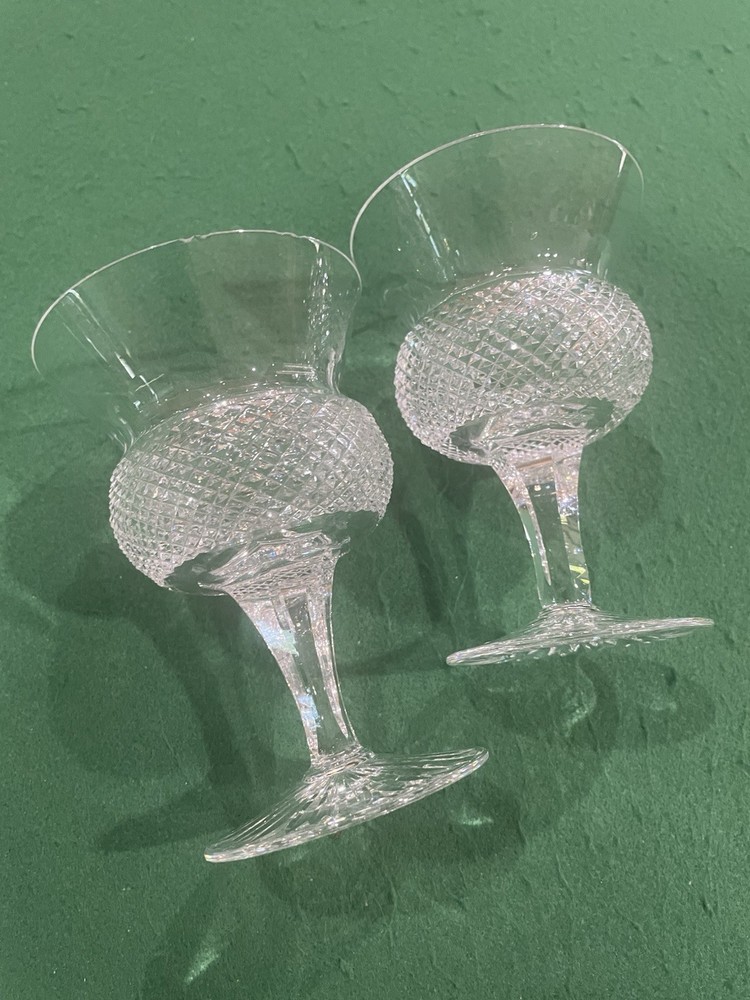 Set of 2 Edinburgh Crystal Thistle Water Wine Goblet Plain Vintage Glasses Chips