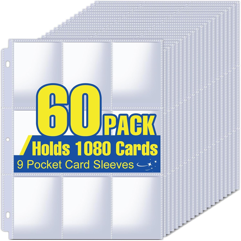 1080 Pockets Card Sleeves Binder Sheets, 9 Pocket 60 Pack, Clear