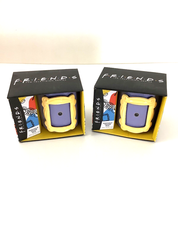 FRIENDS TV Show 8 Oz Coffee Mug Set of 2 with Peephole Frame Purple and Yellow
