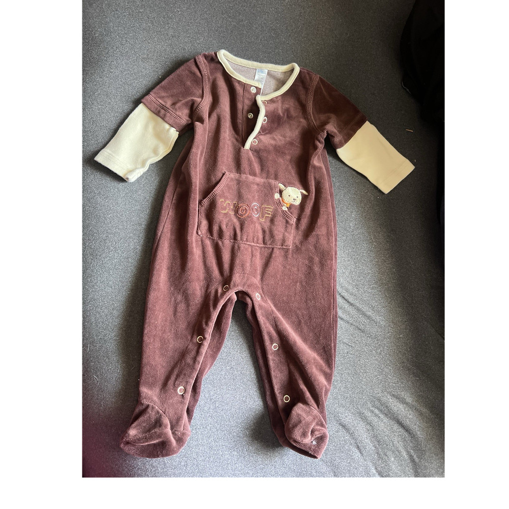 Little Wonders Brown Beige Footed Knit One-Piece Bear Embroidered Snap 6-9M
