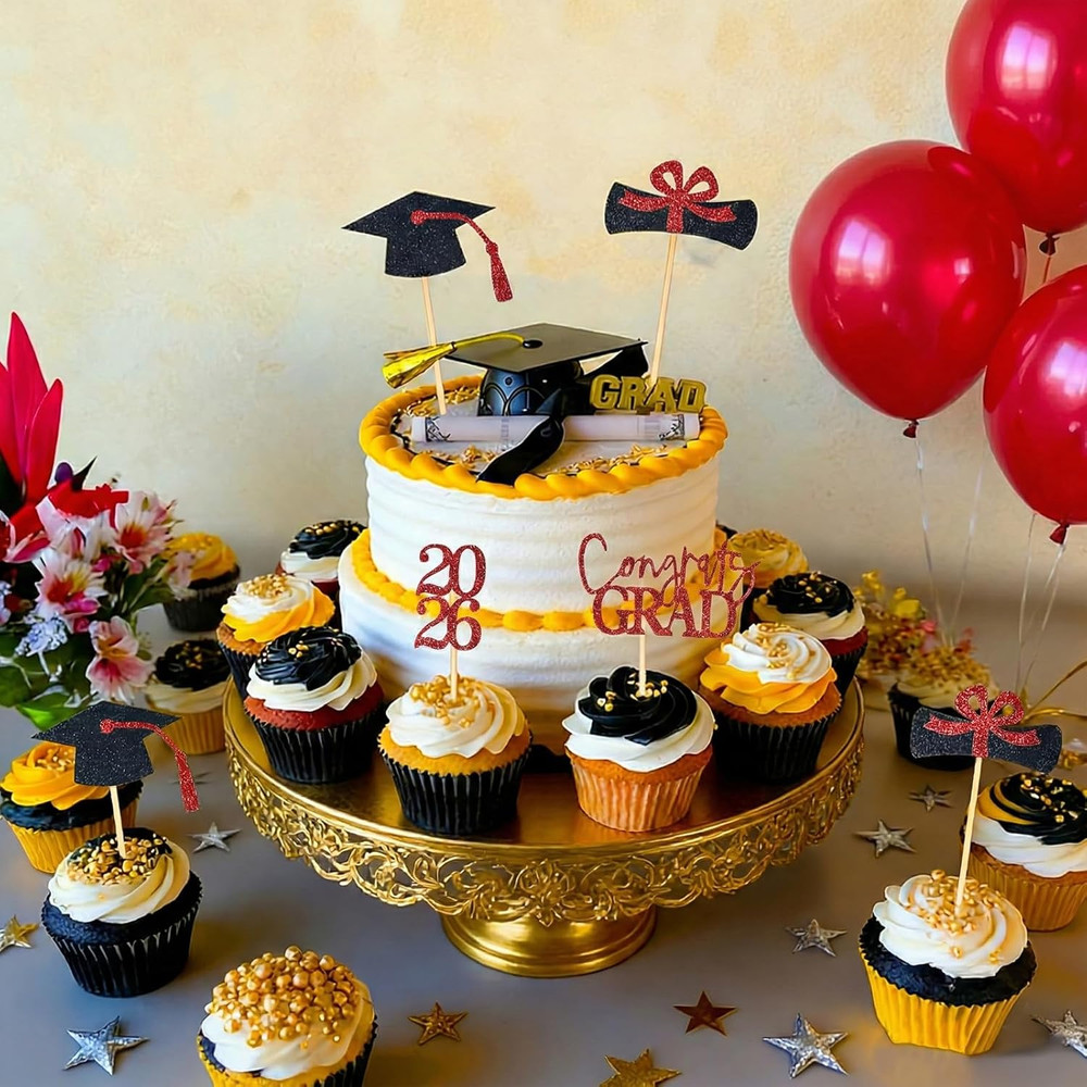 36 Pcs 2026 Graduation Theme Cupcake Toppers, Glitter 2026 Graduation Cupcakes P