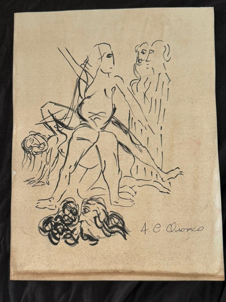 JOSÉ CLEMENTE OROZCO drawing and painting on old paper signed stamped vintage