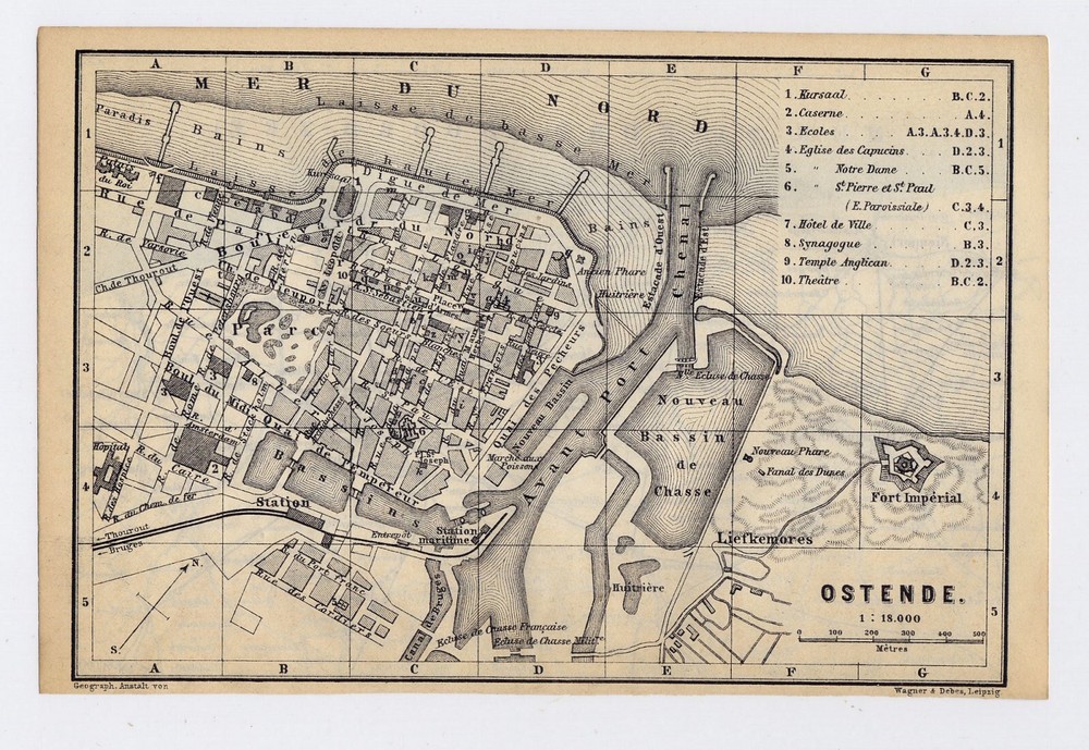 1881 Antique City Map Of Ostend Ostende / Oostende / Belgium