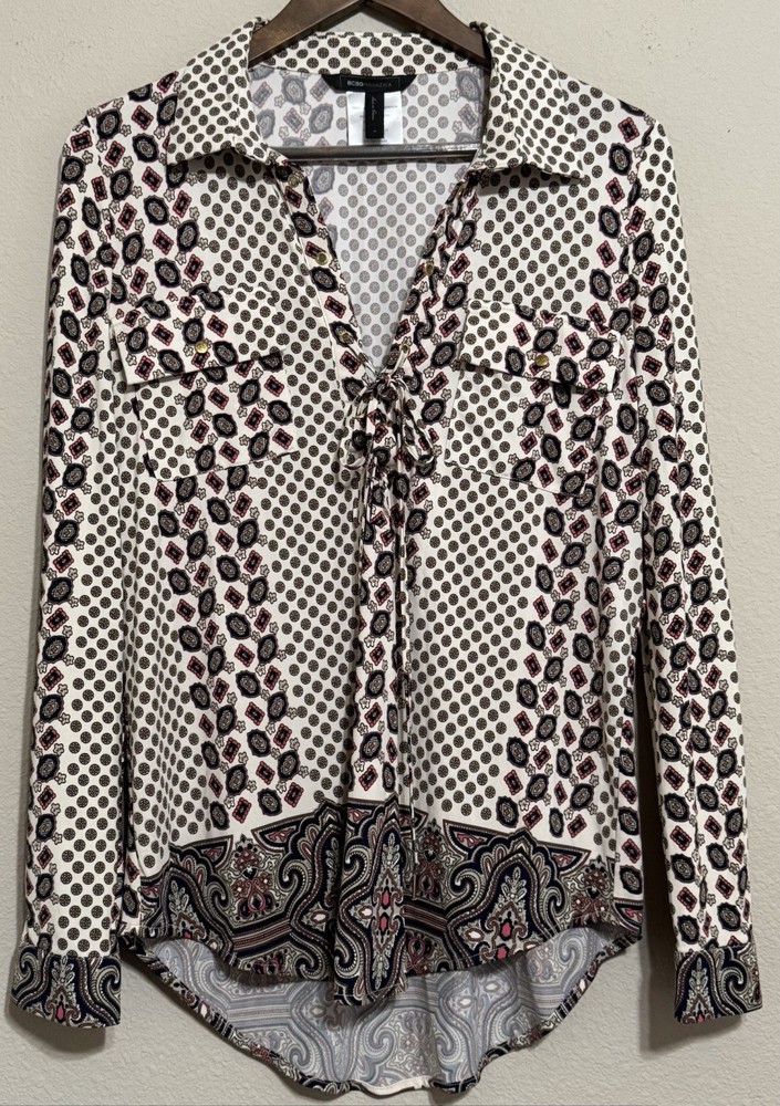 BCBG Maxazria Blouse Top Bohemian Size Medium Hi low Artsy