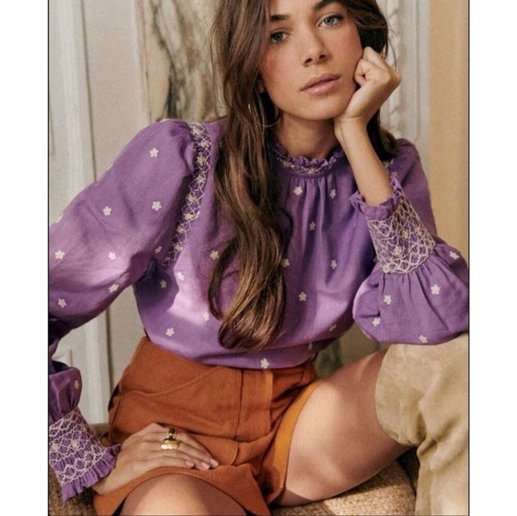 Sezane Milano Embroidered Blouse Sz 38/6 Medium Lavender Purple Linen Top Floral