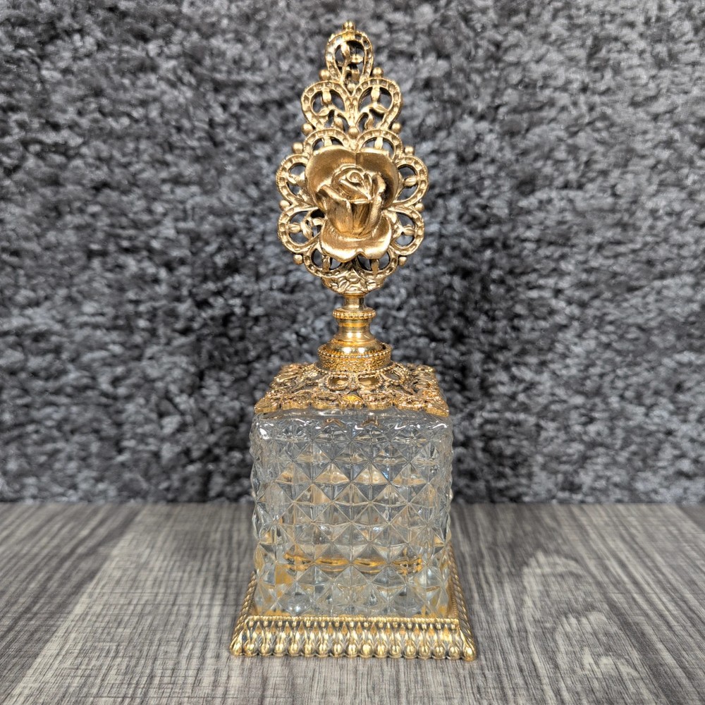 VTG Matson Stylebuilt Perfume Bottle Square Diamond Gold Ormolu Rose 7