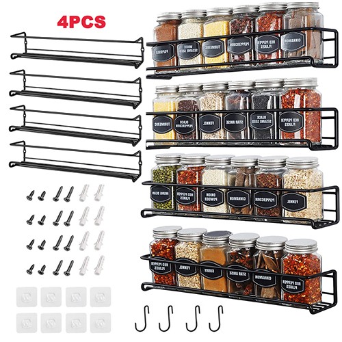 4Pcs Spice Organizer Rack Wall Mount Spice Jars Set Rack Hanging Shelf Holder US