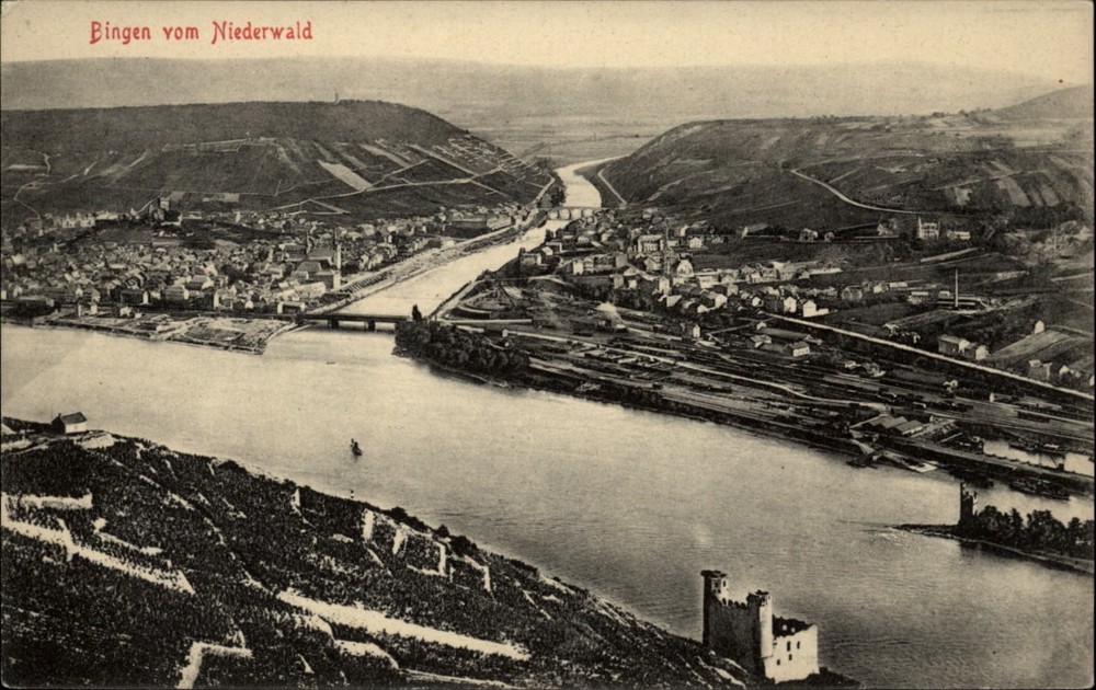 Bingen Rhein River Germany Aerial view vintage postcard y990