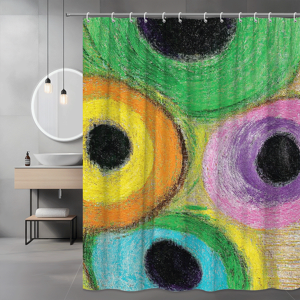 Colorful Abstract Circle Shower Curtain, Green Pink Yellow Blue Print