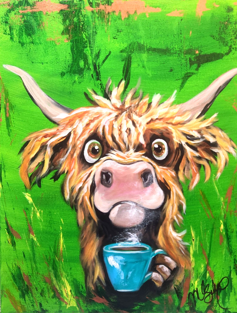 Whimsical Highland Cow Painting 16x20 Original Farm Animal Coffee Art