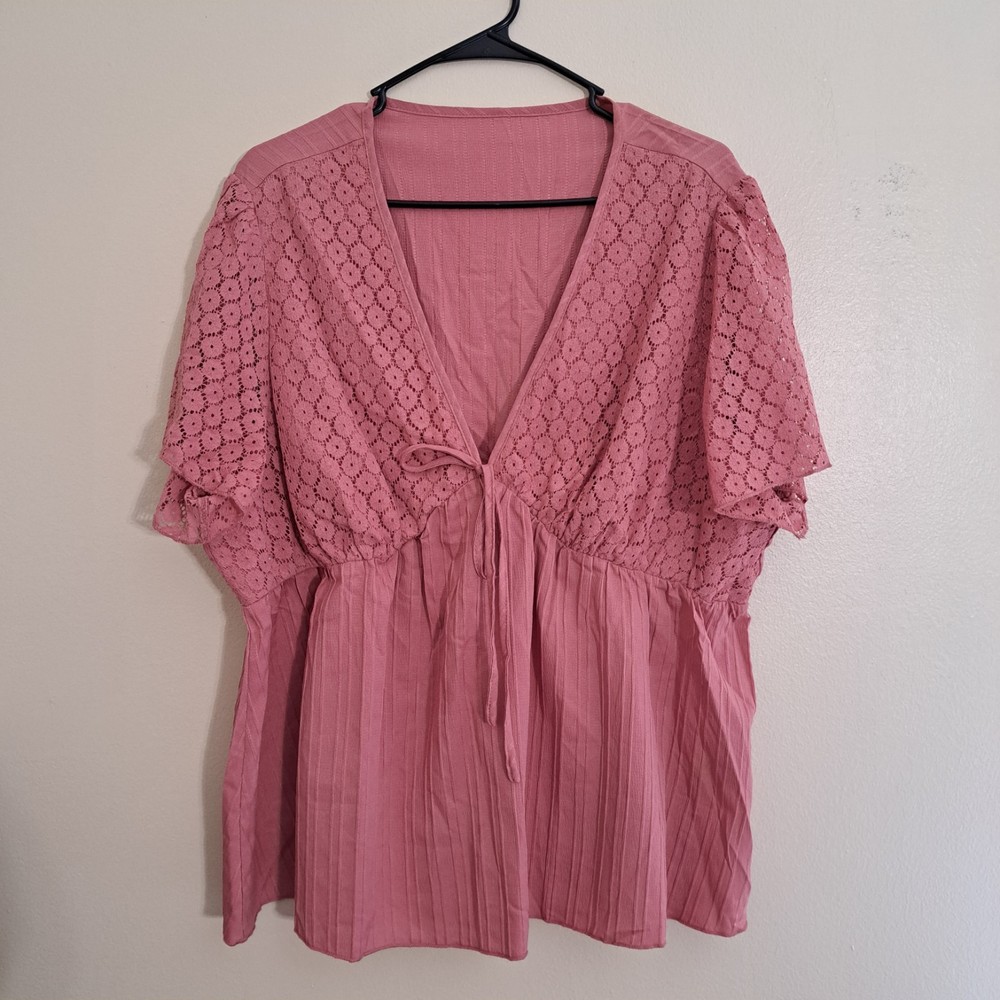 SHEIN CURVE Pink  Short Sleeve V-Neck Blouse Top 3XL Women PLUS SIZE