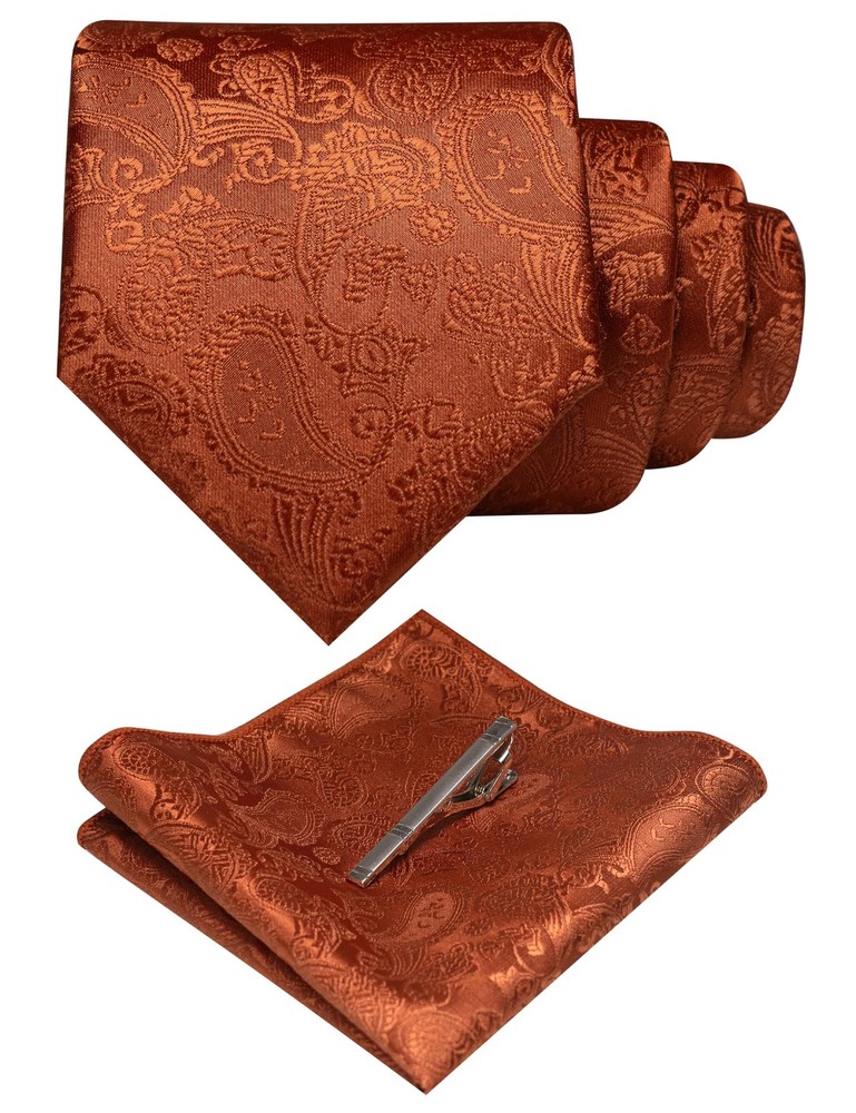 Mens Solid Color Paisley Necktie and Pocket Square with Tie Clip Sets