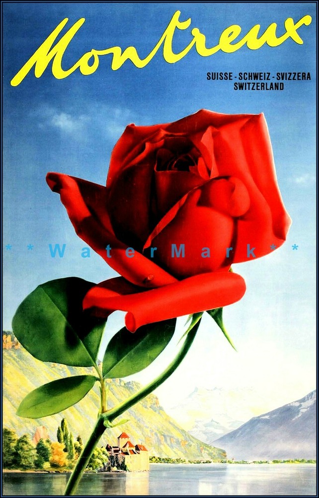 Vintage 1950 Montreux Jazz Festival Retro Poster Switzerland Rose Art