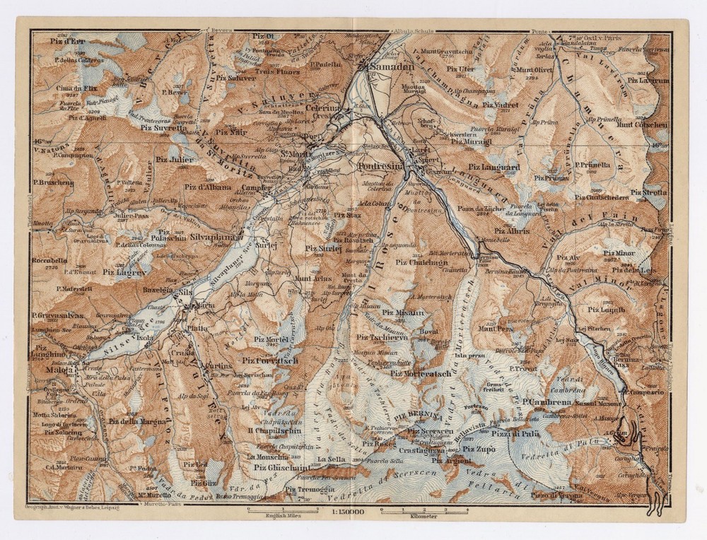 1930 ORIGINAL VINTAGE MAP OF VICINITY OF ST. MORITZ SAMEDAN ALPS SWITZERLAND