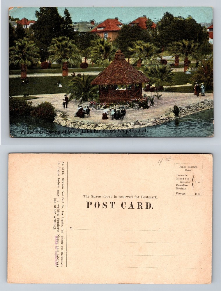 Los Angeles, CA-California Midwinter Scene Westlake Park Gazebo Vintage Postcard