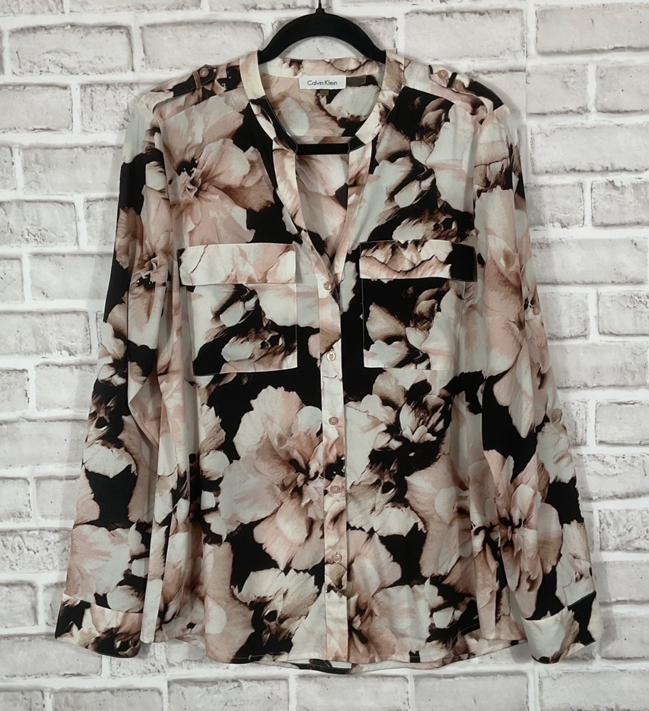 Calvin Klein Top Womens Sz M Black Pink Floral Button Up Pockets Long Sleeves
