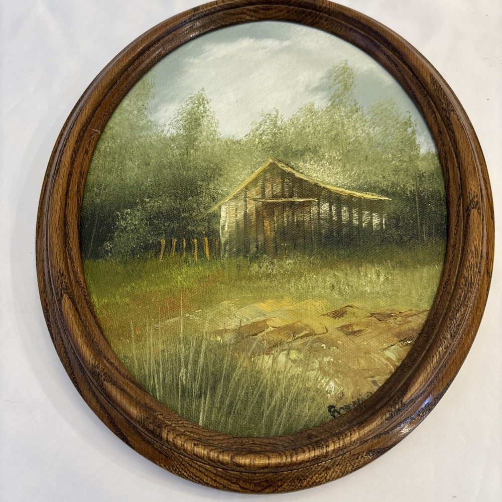 Vintage Oil Painting On Canvas Signed Barn Oval Wood Original Frame 9 X 11